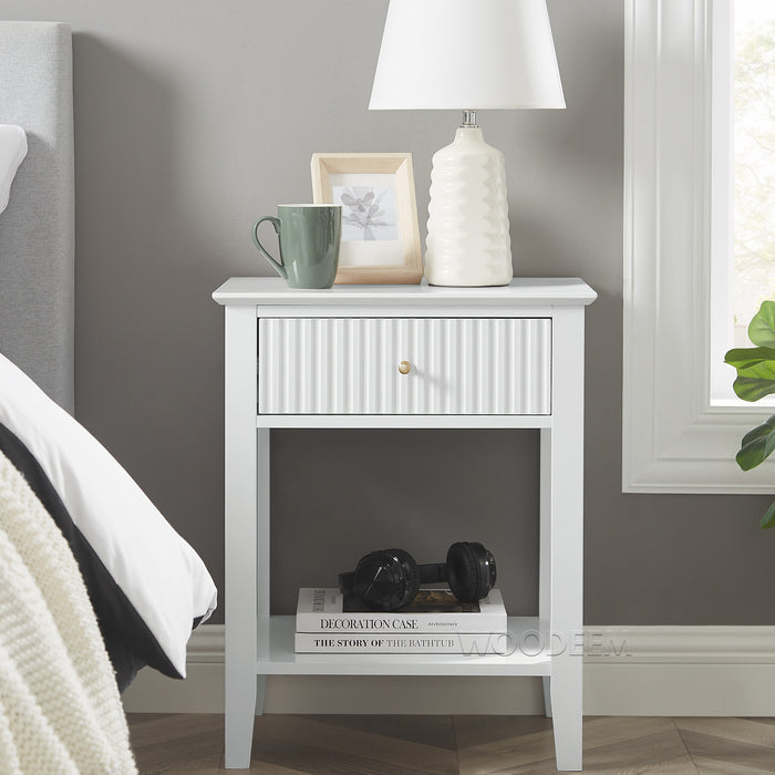 conifferism White Nightstand for Living Room with Fluted Drawer and Storage Shelf