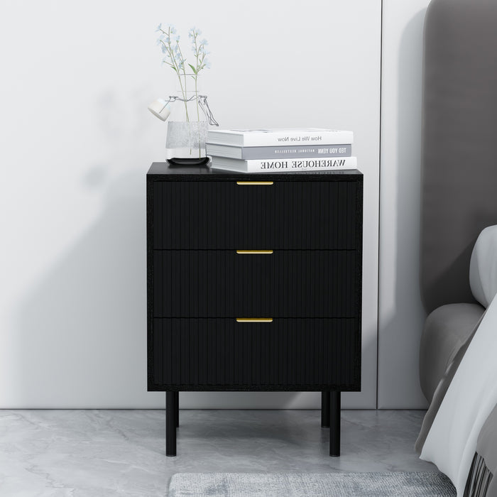 conifferism Fluted 3Drawers Metal Slider Black Nightstand, Wooden End Table Side Table for Bedroom, Living Room