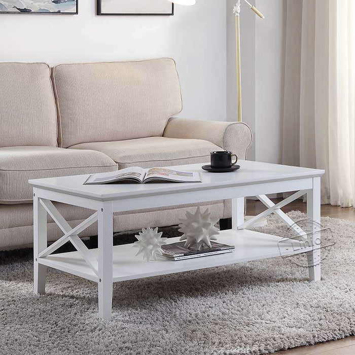 conifferism White Coffee Table with Storage Shelf for Living Room, Tea Table with Storage Shelf