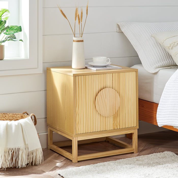 conifferism Modern Natural Night Stand 24" Wide with Solid Wood Doors, Bedroom Nightstand 24" Tall Bedside Tables, Mid Century Vintage Fluted Sofa End Side Table Living Room