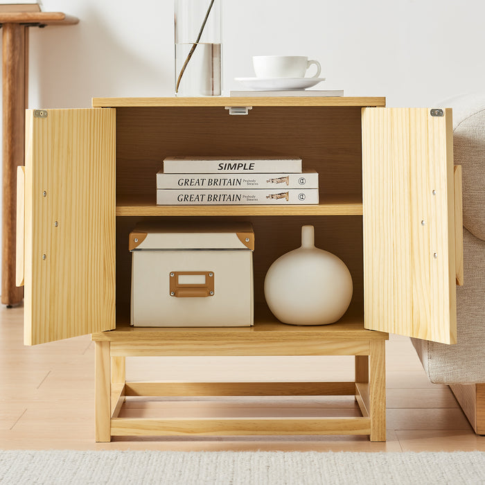 conifferism Modern Natural Night Stand 24" Wide with Solid Wood Doors, Bedroom Nightstand 24" Tall Bedside Tables, Mid Century Vintage Fluted Sofa End Side Table Living Room