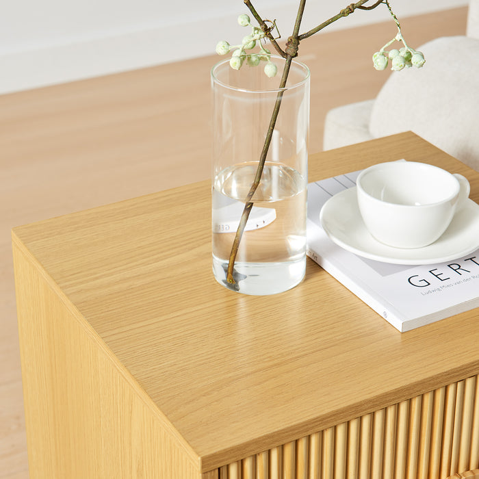 conifferism Modern Natural Night Stand 24" Wide with Solid Wood Doors, Bedroom Nightstand 24" Tall Bedside Tables, Mid Century Vintage Fluted Sofa End Side Table Living Room