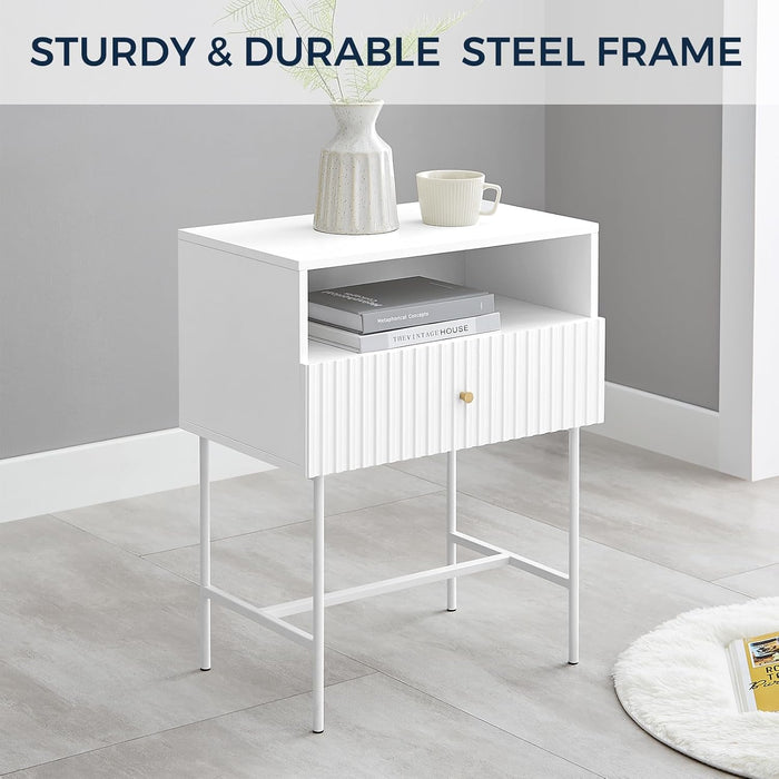 conifferism White Nightstand 19" Bedroom Bedside Table, Mid Century Modern Small Night Stand with 1 Fluted Drawer and Storage Shelf, Living Room Slim Sofa Couch Side End Tables Gold Handle