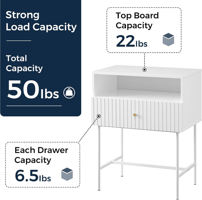 conifferism White Nightstand 19" Bedroom Bedside Table, Mid Century Modern Small Night Stand with 1 Fluted Drawer and Storage Shelf, Living Room Slim Sofa Couch Side End Tables Gold Handle