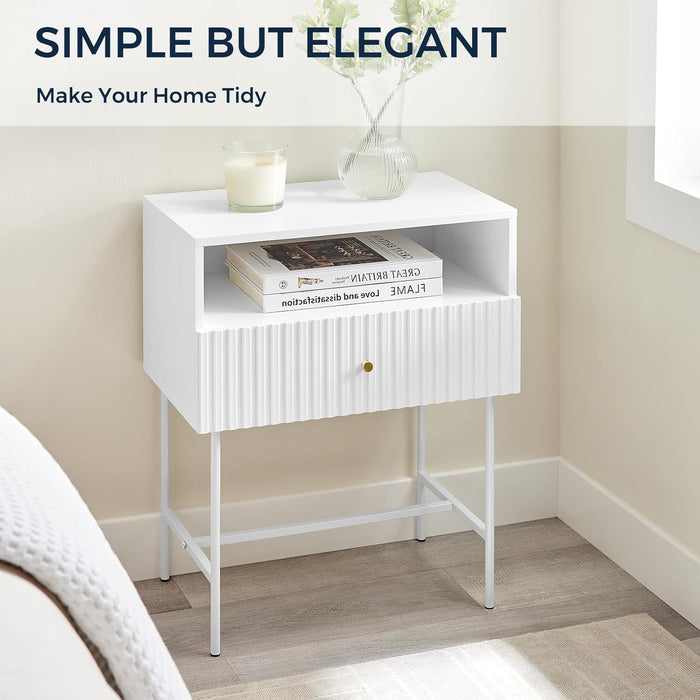 conifferism White Nightstand 19" Bedroom Bedside Table, Mid Century Modern Small Night Stand with 1 Fluted Drawer and Storage Shelf, Living Room Slim Sofa Couch Side End Tables Gold Handle
